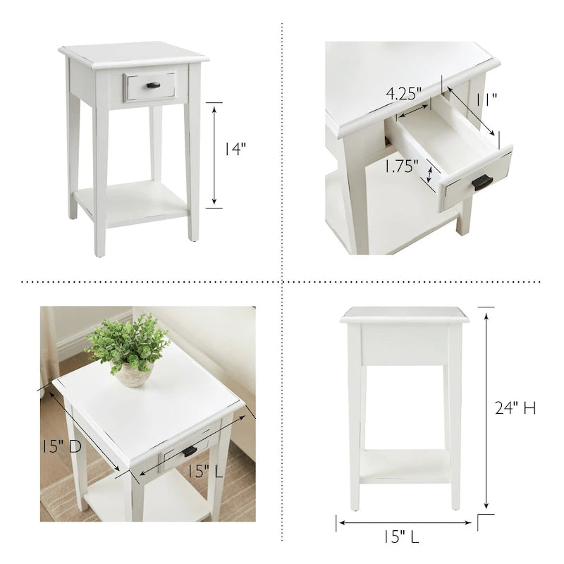 Table d'appoint carrée à un tiroir et étagère inférieure chêne moyen / noir ardoise / blanc