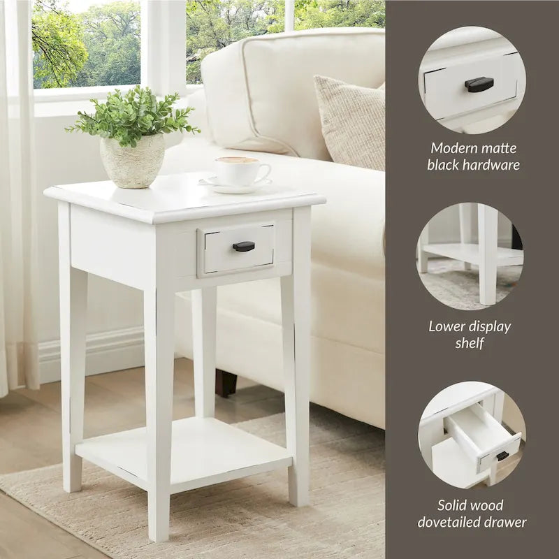 Table d'appoint carrée à un tiroir et étagère inférieure chêne moyen / noir ardoise / blanc
