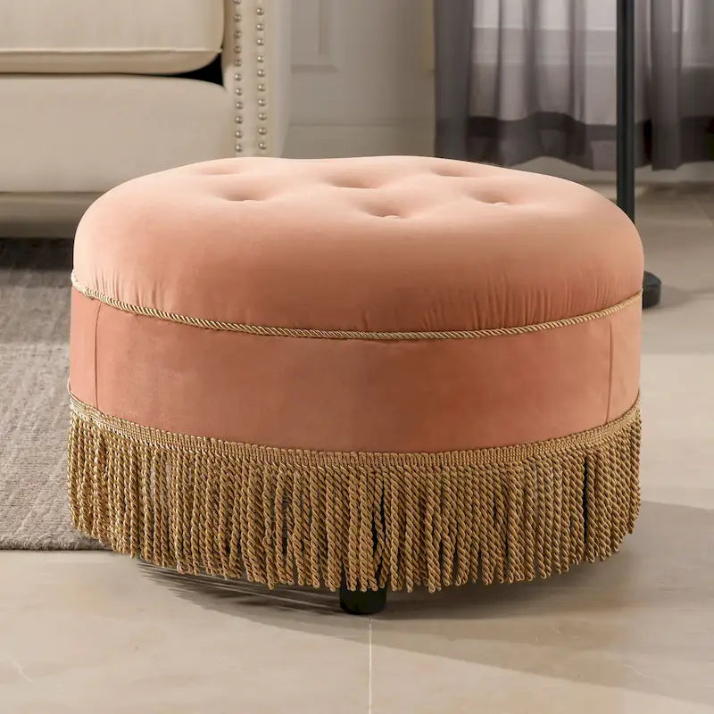 Pouff rond en velours, avec pampilles, capitonné vintage, une place