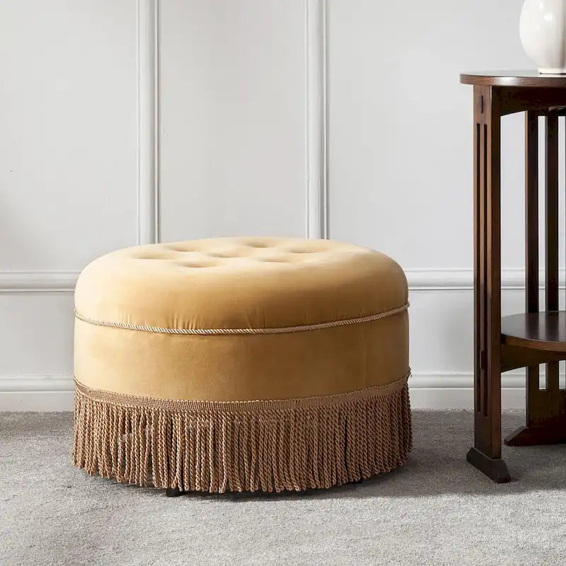 Pouff rond en velours, avec pampilles, capitonné vintage, une place