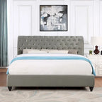 Lit traîneau capitonné en velours gris avec clous décoratifs – Grand lit / Très grand lit