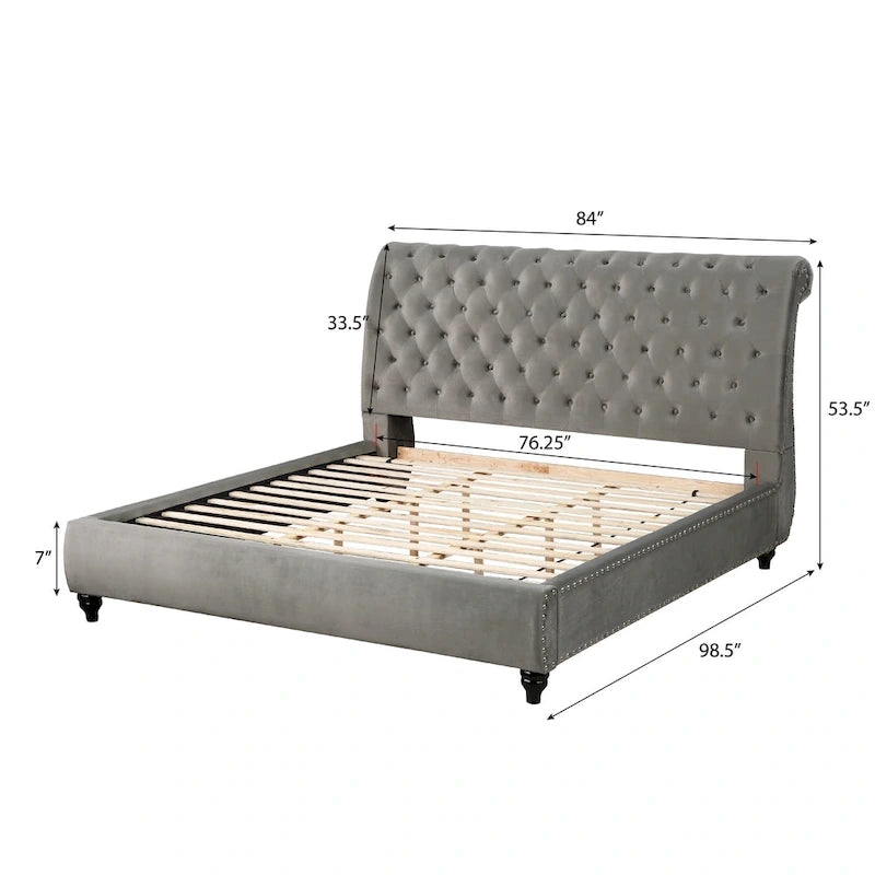 Lit traîneau capitonné en velours gris avec clous décoratifs – Grand lit / Très grand lit