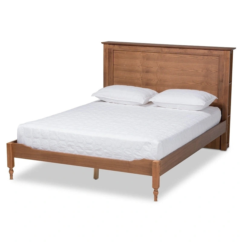 Lit plateforme de rangement transitionnel avec étagères de tête de lit couleur noyer et frêne – lit double/grand lit/très grand lit