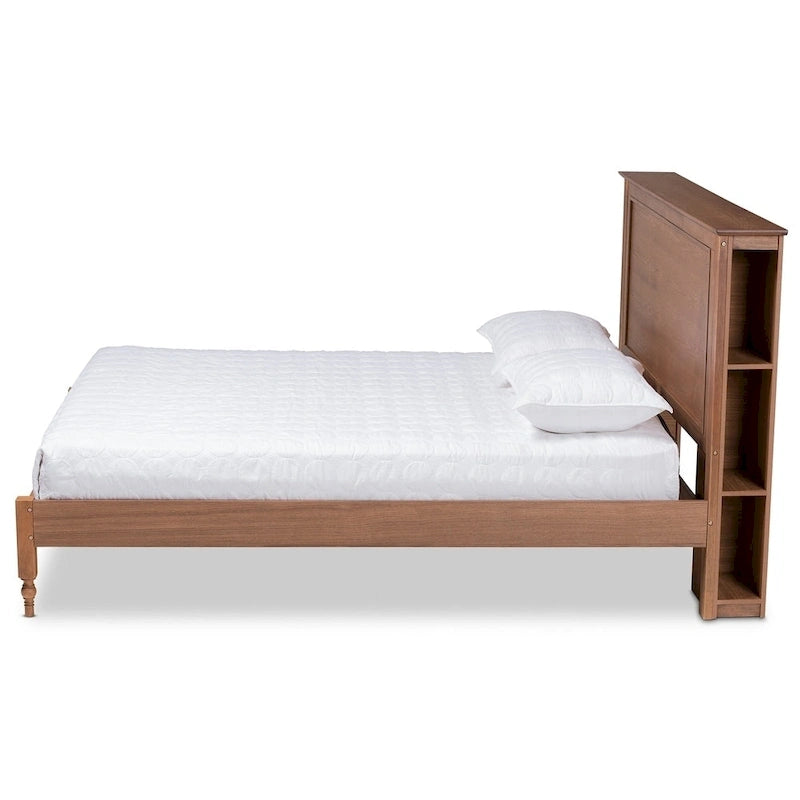 Lit plateforme de rangement transitionnel avec étagères de tête de lit couleur noyer et frêne – lit double/grand lit/très grand lit