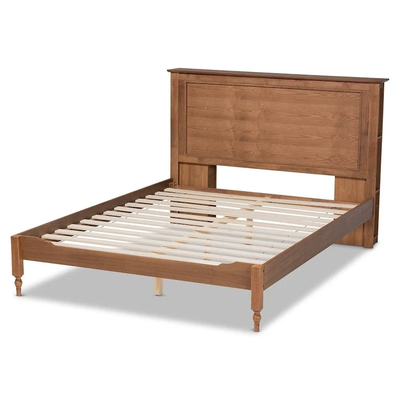 Lit plateforme de rangement transitionnel avec étagères de tête de lit couleur noyer et frêne – lit double/grand lit/très grand lit