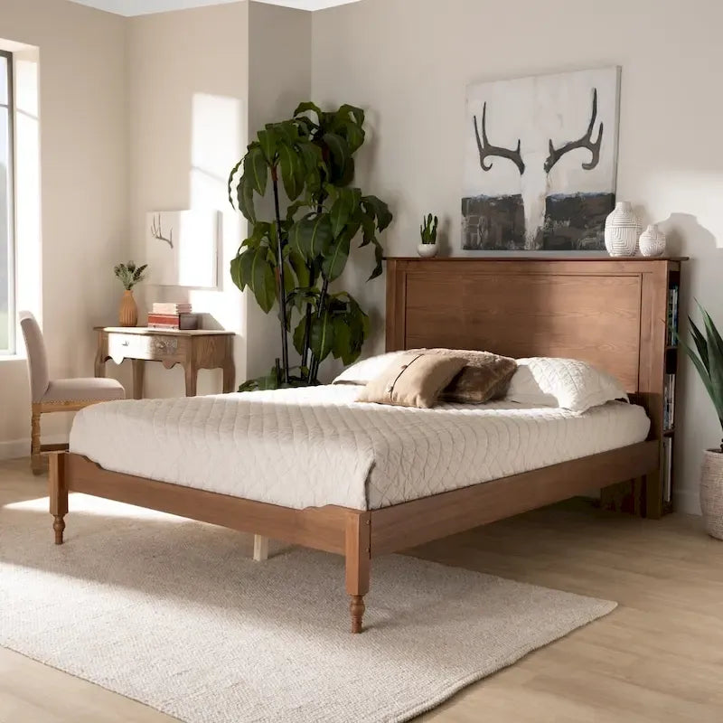 Lit plateforme de rangement transitionnel avec étagères de tête de lit couleur noyer et frêne – lit double/grand lit/très grand lit