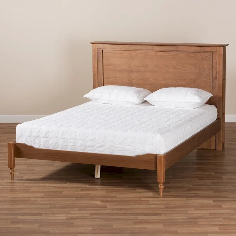 Lit plateforme de rangement transitionnel avec étagères de tête de lit couleur noyer et frêne – lit double/grand lit/très grand lit