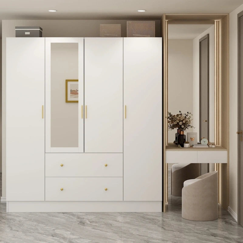 Armoire autoportante blanc / brun foncé avec miroir, 4 portes 2 tiroirs, pour 1 personne