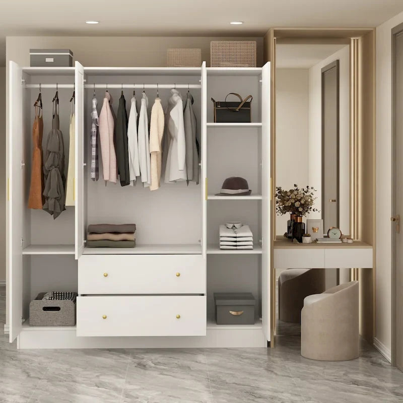 Armoire autoportante blanc / brun foncé avec miroir, 4 portes 2 tiroirs, pour 1 personne