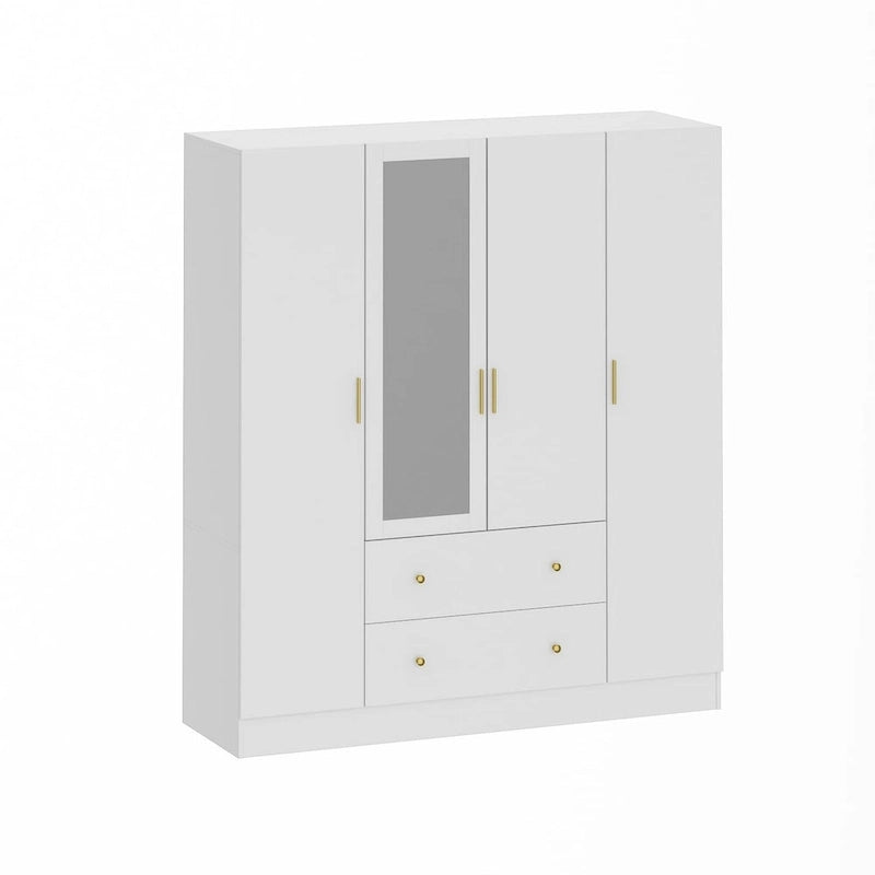 Armoire autoportante blanc / brun foncé avec miroir, 4 portes 2 tiroirs, pour 1 personne