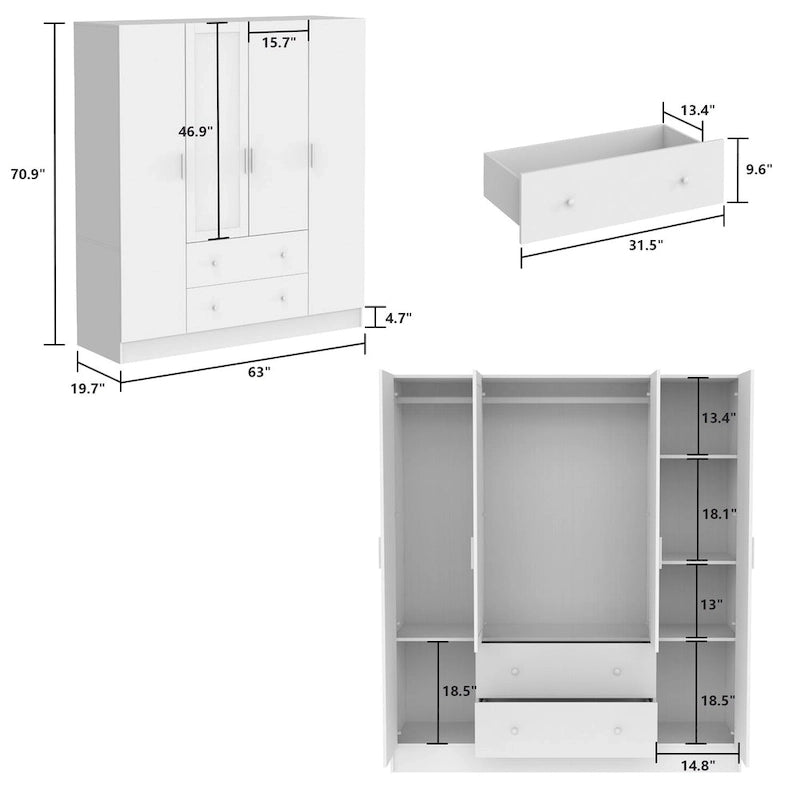 Armoire autoportante blanc / brun foncé avec miroir, 4 portes 2 tiroirs, pour 1 personne