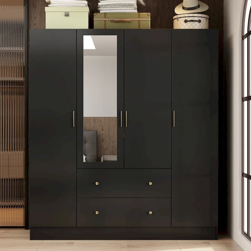 Armoire autoportante blanc / brun foncé avec miroir, 4 portes 2 tiroirs, pour 1 personne