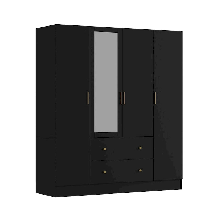 Armoire autoportante blanc / brun foncé avec miroir, 4 portes 2 tiroirs, pour 1 personne