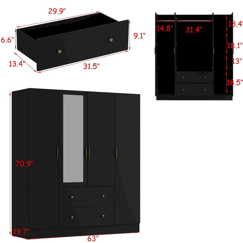 Armoire autoportante blanc / brun foncé avec miroir, 4 portes 2 tiroirs, pour 1 personne