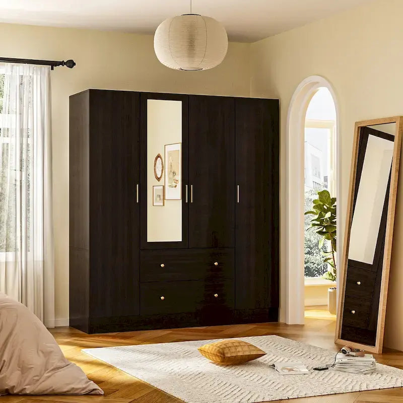Armoire autoportante blanc / brun foncé avec miroir, 4 portes 2 tiroirs, pour 1 personne