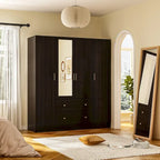Armoire autoportante blanc / brun foncé avec miroir, 4 portes 2 tiroirs, pour 1 personne