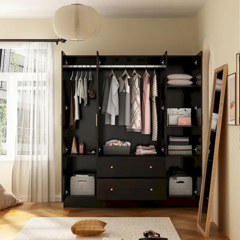 Armoire autoportante blanc / brun foncé avec miroir, 4 portes 2 tiroirs, pour 1 personne