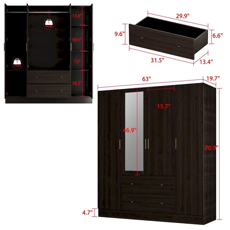 Armoire autoportante blanc / brun foncé avec miroir, 4 portes 2 tiroirs, pour 1 personne