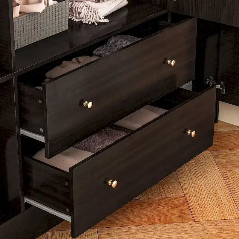 Armoire autoportante blanc / brun foncé avec miroir, 4 portes 2 tiroirs, pour 1 personne