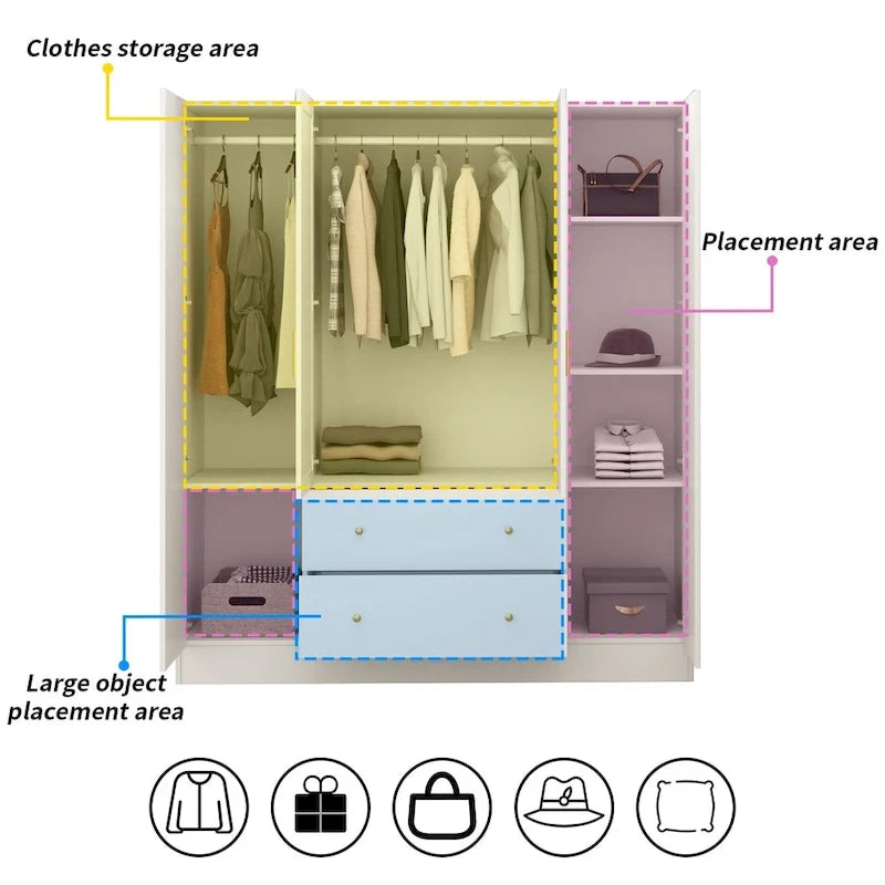 Armoire autoportante blanc / brun foncé avec miroir, 4 portes 2 tiroirs, pour 1 personne