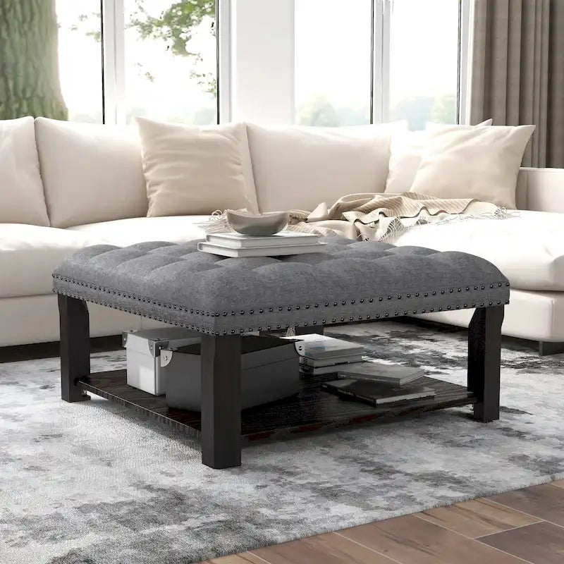 Pouf de cocktail capitonné en lin transitionnel avec clous décoratifs et rangement par Furniture of America