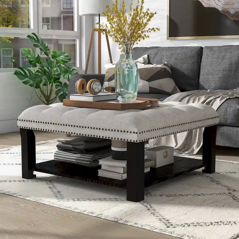 Pouf de cocktail capitonné en lin transitionnel avec clous décoratifs et rangement par Furniture of America