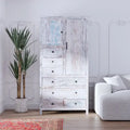 Armoire en bois massif blanc antique / marron avec 7 tiroirs et 2 portes