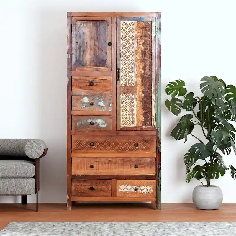 Armoire en bois massif blanc antique / marron avec 7 tiroirs et 2 portes