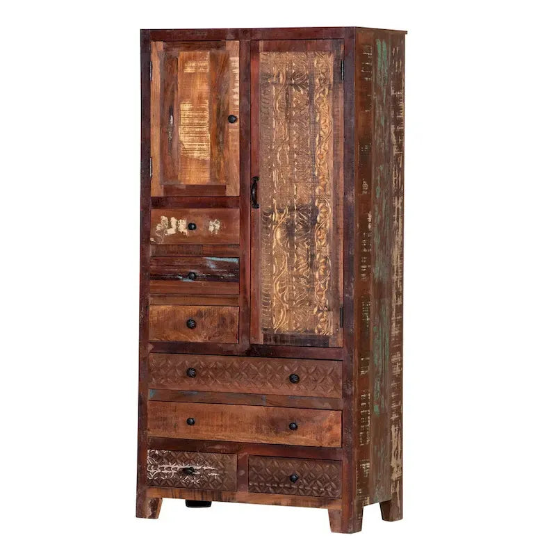 Armoire en bois massif blanc antique / marron avec 7 tiroirs et 2 portes