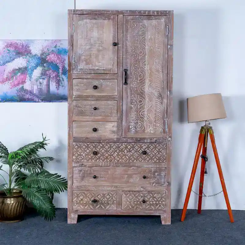Armoire en bois massif blanc antique / marron avec 7 tiroirs et 2 portes