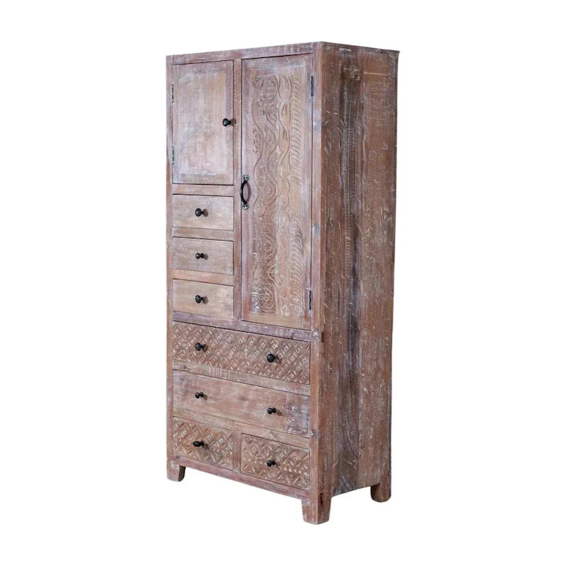Armoire en bois massif blanc antique / marron avec 7 tiroirs et 2 portes