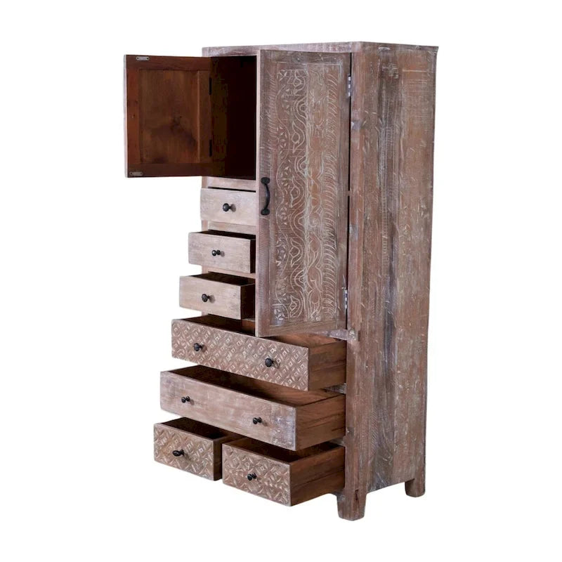 Armoire en bois massif blanc antique / marron avec 7 tiroirs et 2 portes