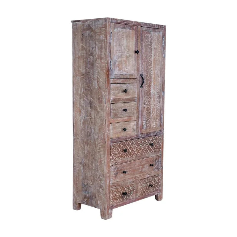 Armoire en bois massif blanc antique / marron avec 7 tiroirs et 2 portes