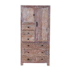 Armoire en bois massif blanc antique / marron avec 7 tiroirs et 2 portes