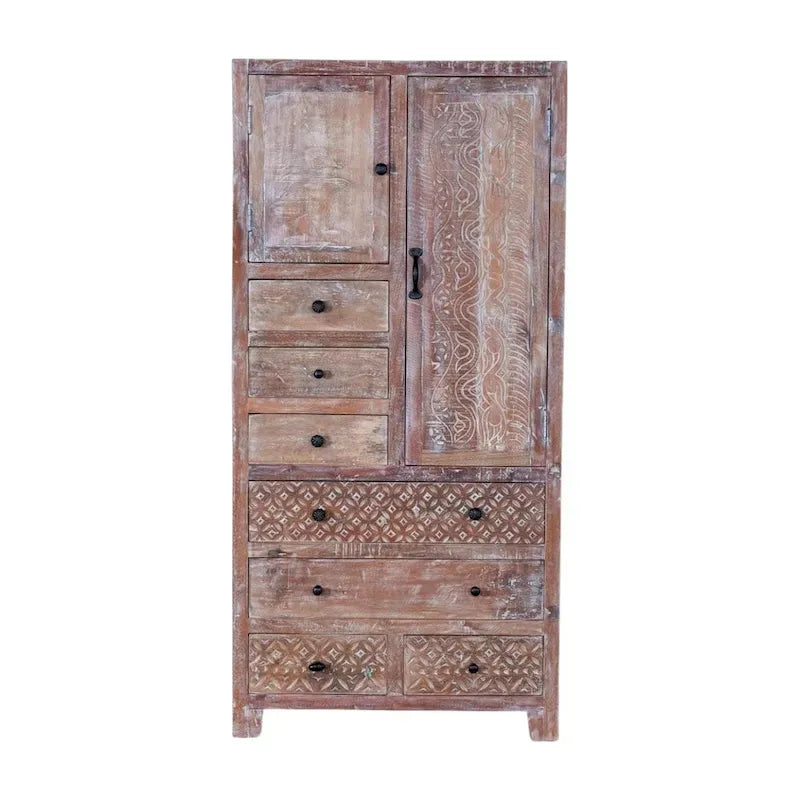 Armoire en bois massif blanc antique / marron avec 7 tiroirs et 2 portes