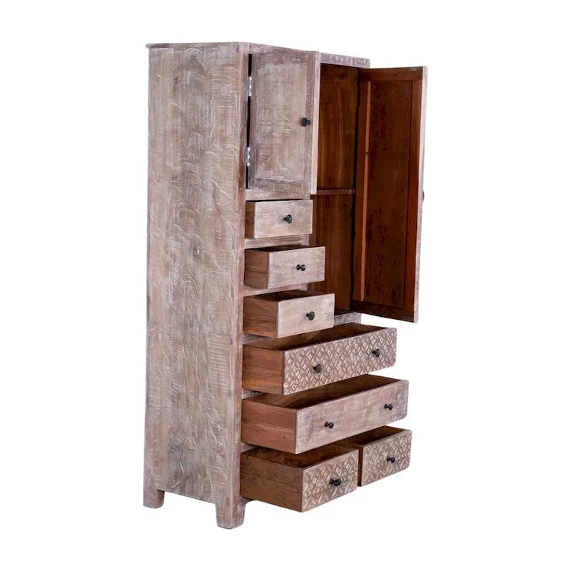 Armoire en bois massif blanc antique / marron avec 7 tiroirs et 2 portes