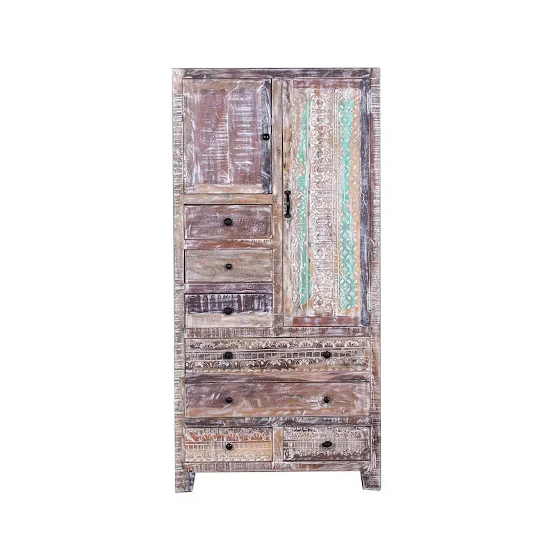 Armoire en bois massif blanc antique / marron avec 7 tiroirs et 2 portes