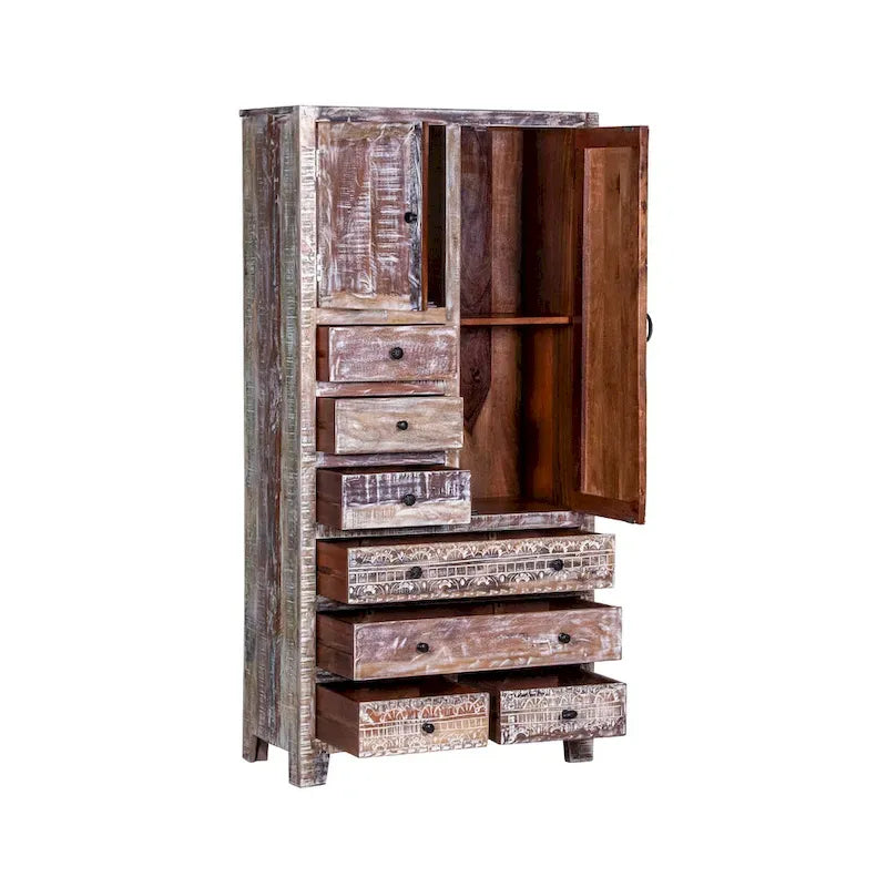 Armoire en bois massif blanc antique / marron avec 7 tiroirs et 2 portes