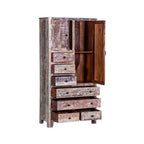 Armoire en bois massif blanc antique / marron avec 7 tiroirs et 2 portes
