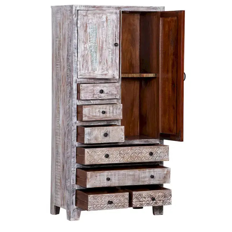 Armoire en bois massif blanc antique / marron avec 7 tiroirs et 2 portes