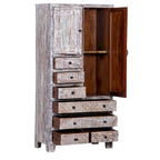 Armoire en bois massif blanc antique / marron avec 7 tiroirs et 2 portes