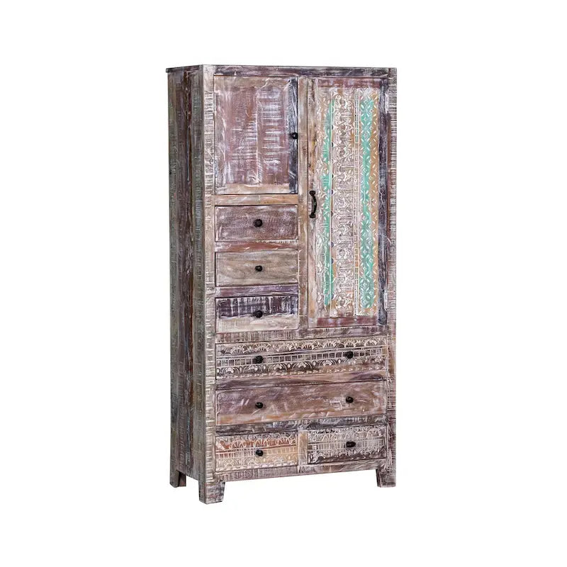 Armoire en bois massif blanc antique / marron avec 7 tiroirs et 2 portes