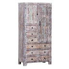 Armoire en bois massif blanc antique / marron avec 7 tiroirs et 2 portes