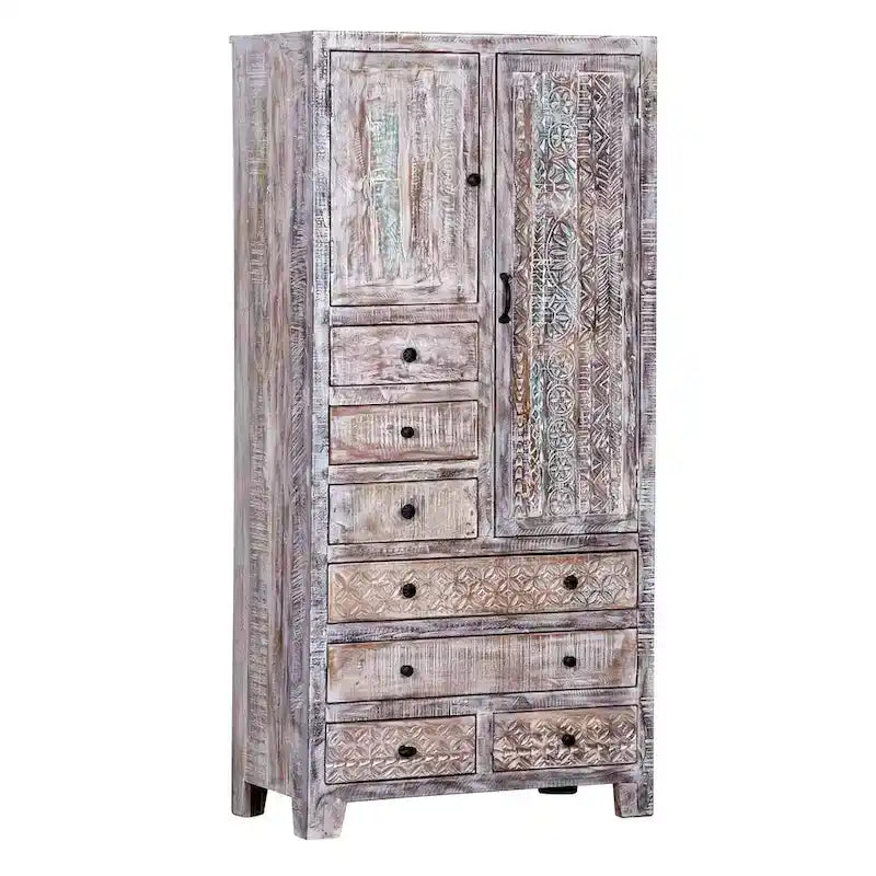 Armoire en bois massif blanc antique / marron avec 7 tiroirs et 2 portes