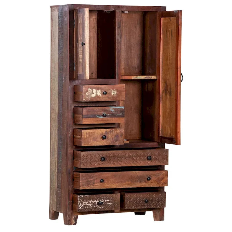 Armoire en bois massif blanc antique / marron avec 7 tiroirs et 2 portes