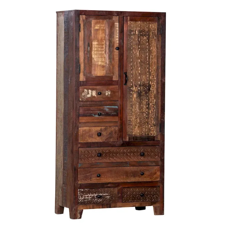 Armoire en bois massif blanc antique / marron avec 7 tiroirs et 2 portes