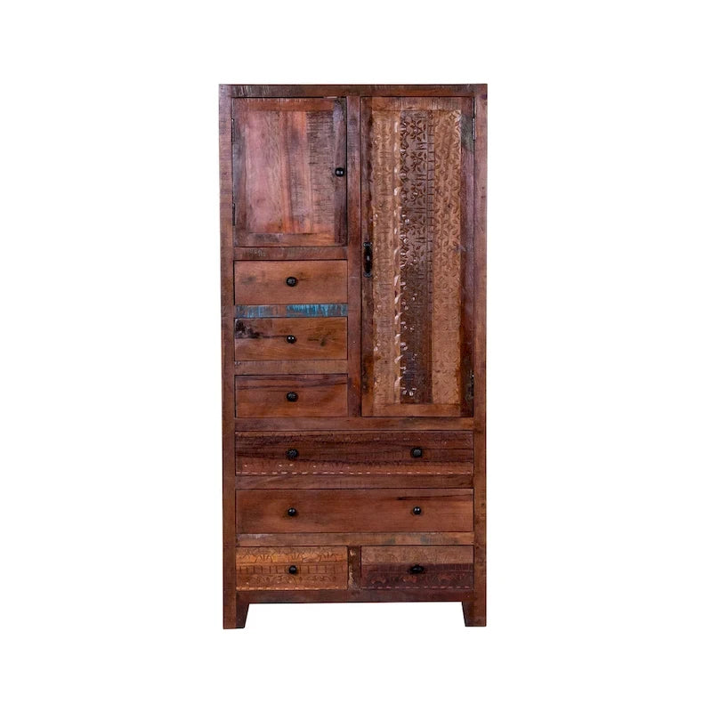 Armoire en bois massif blanc antique / marron avec 7 tiroirs et 2 portes