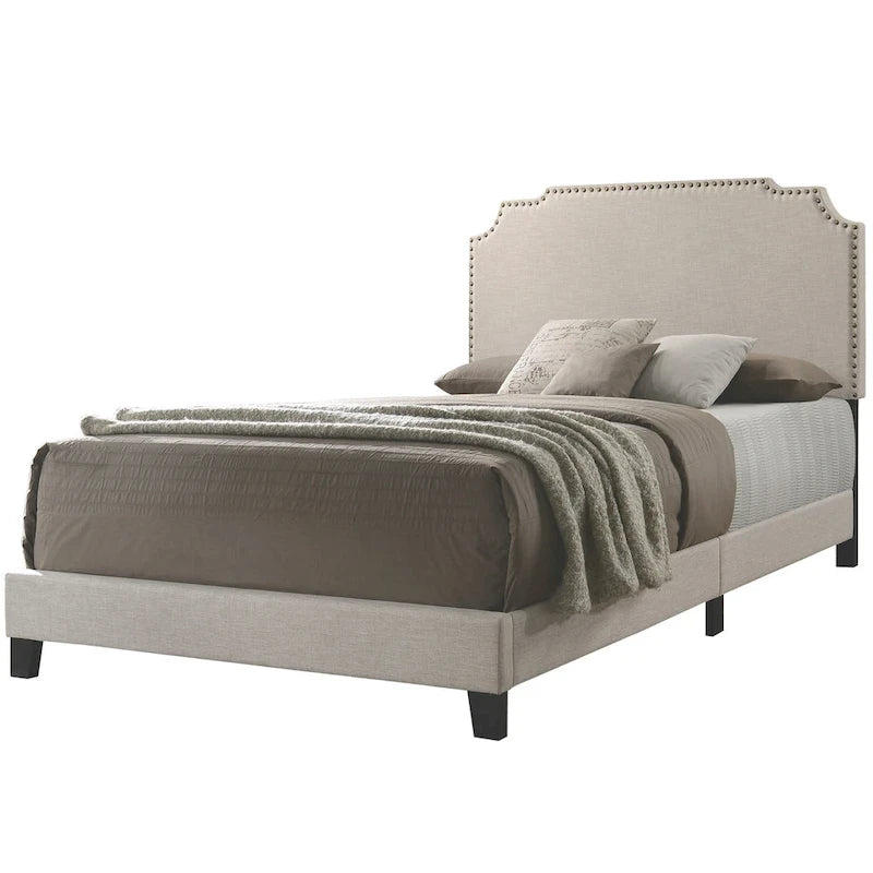 Lit plateforme rembourré beige/noir/vert avec garniture cloutée – Lit double/grand lit (1 personne) et très grand lit (2 personnes)