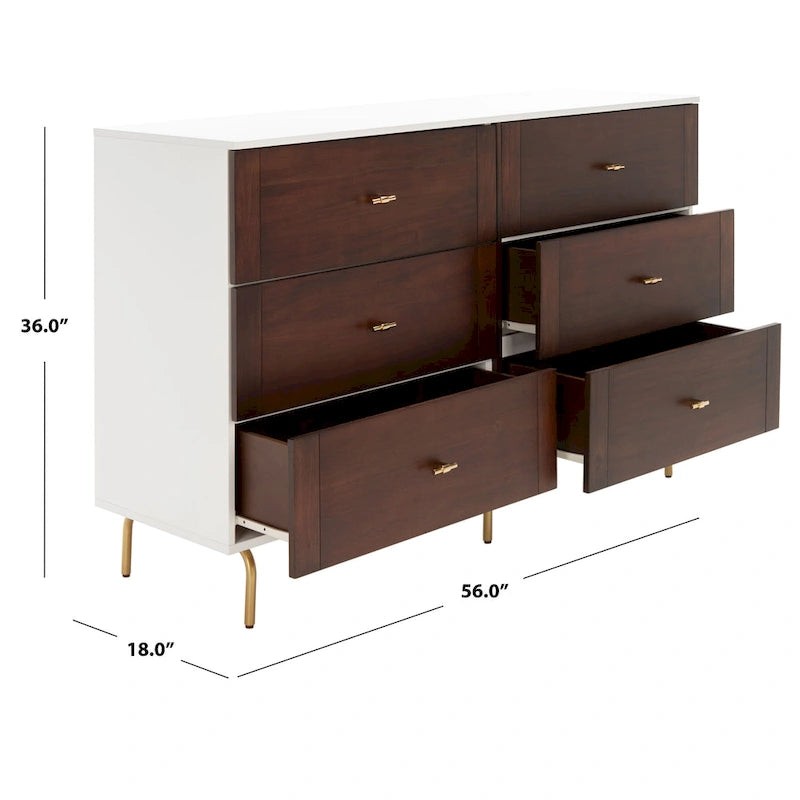 Commode 6 tiroirs Noyer et Blanc, style Mid-Century Moderne