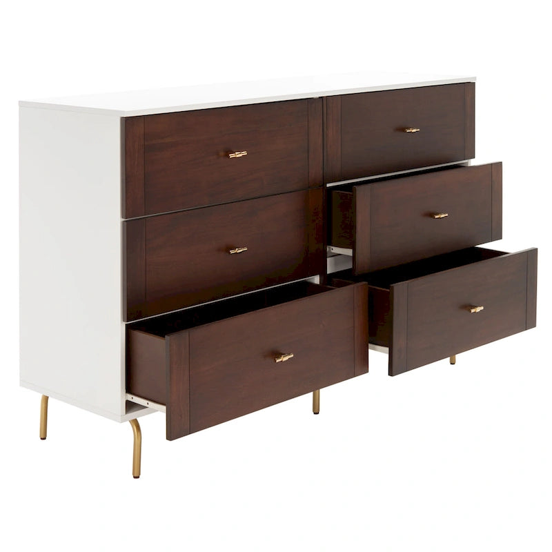 Commode 6 tiroirs Noyer et Blanc, style Mid-Century Moderne